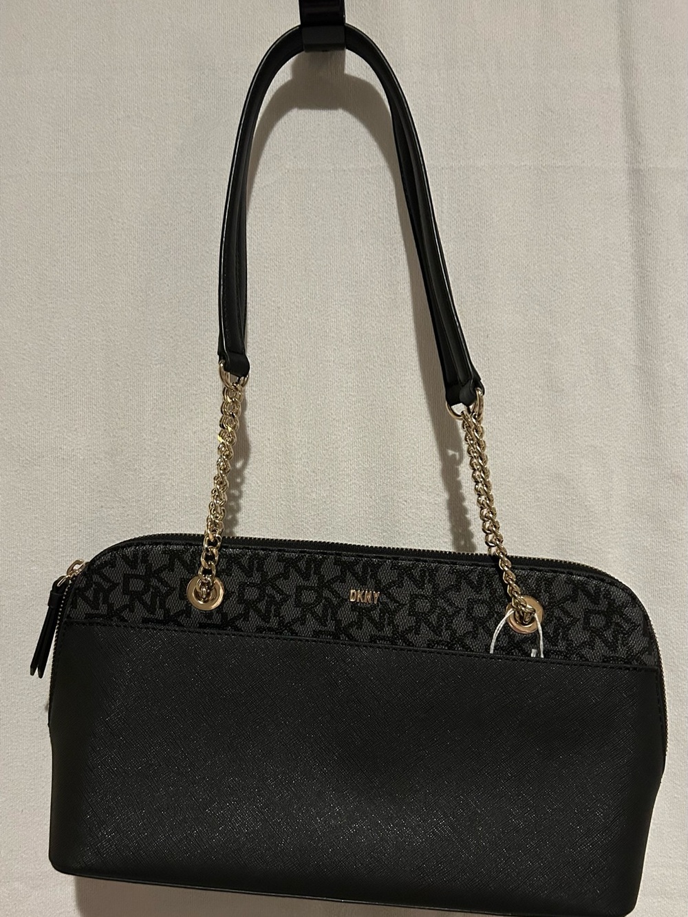 DKNY Black Logo Print Shoulder Bag Gold Chain Strap Satchel Purse